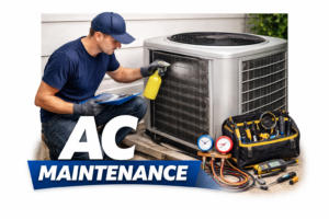 AC maintenance service by Trident HVAC technician cleaning unit